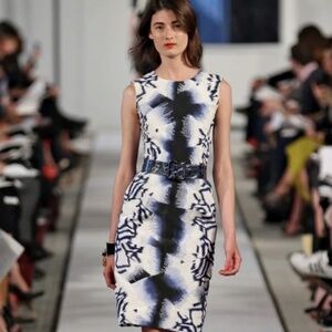 OSCAR DE LA RENTA PICASSO SILK EXCL EMBROID IVORY BLUE DAY DRESS US SIZE 12 NWT